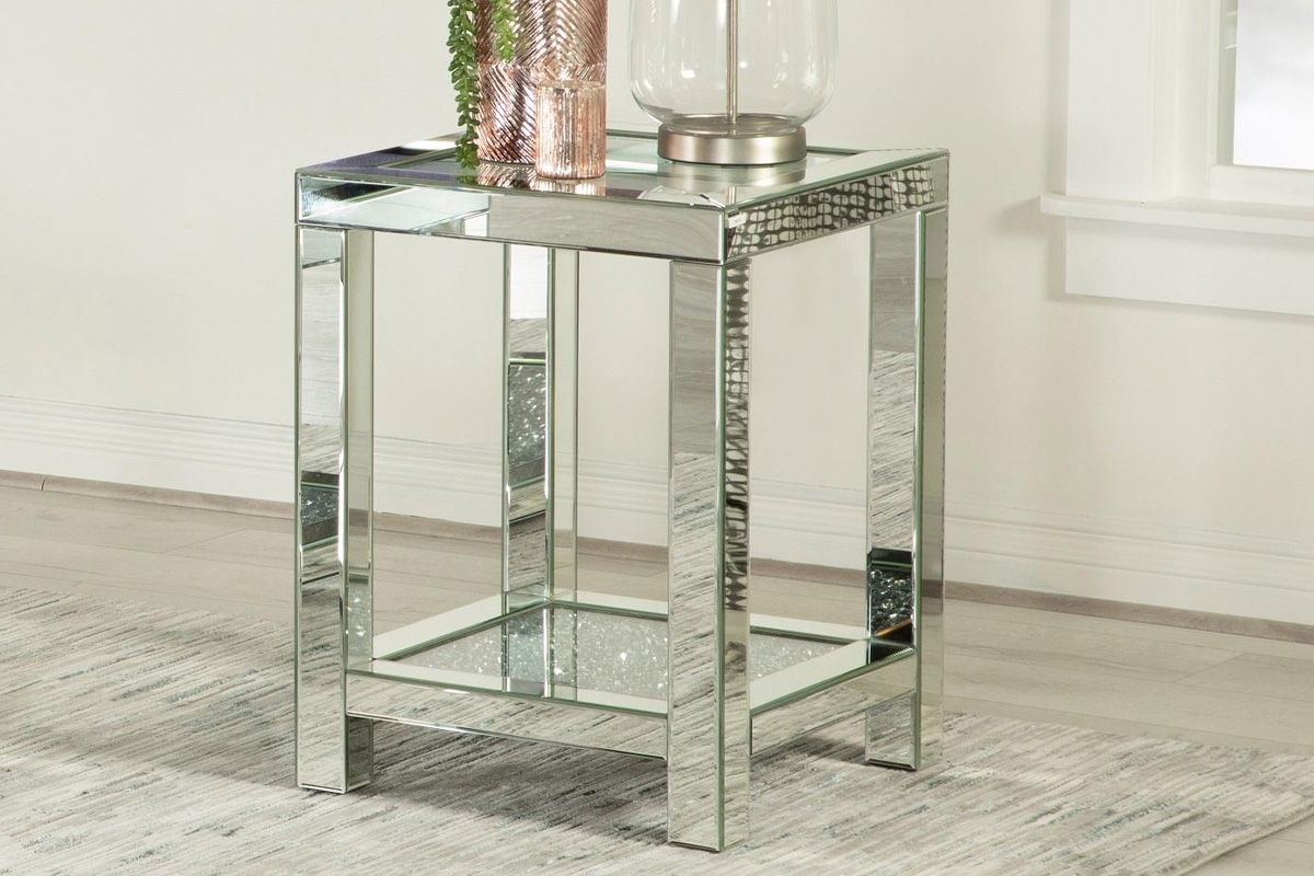 Valentina Square End Table With Glass Top Mirror