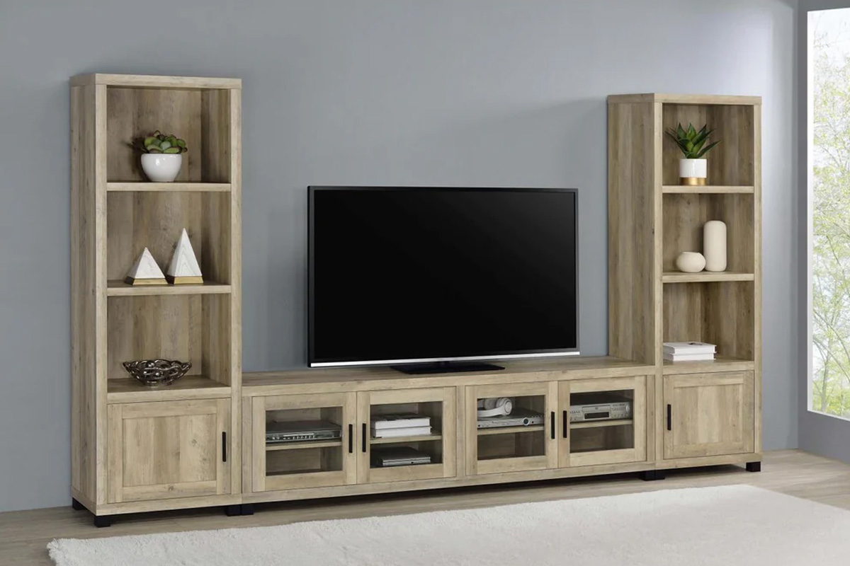 3 Pcs Set Sachin Entertainment Center With 79″ TV Stand Antique Pine