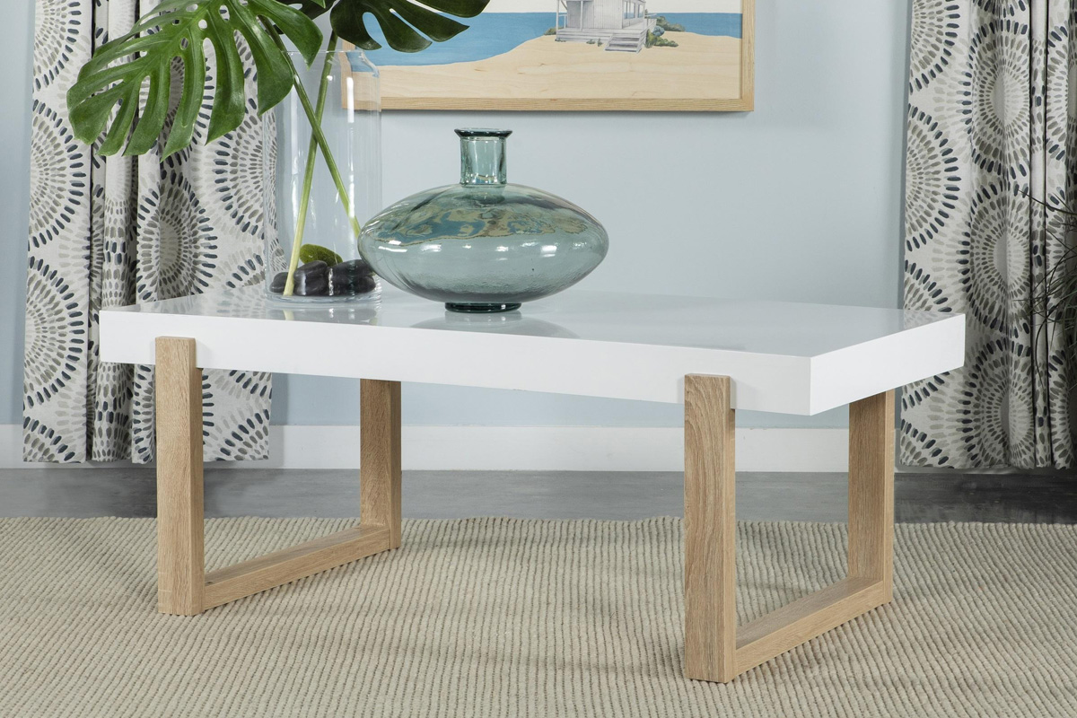Pala Rectangular Coffee Table With Sled Base White High Gloss And Natural