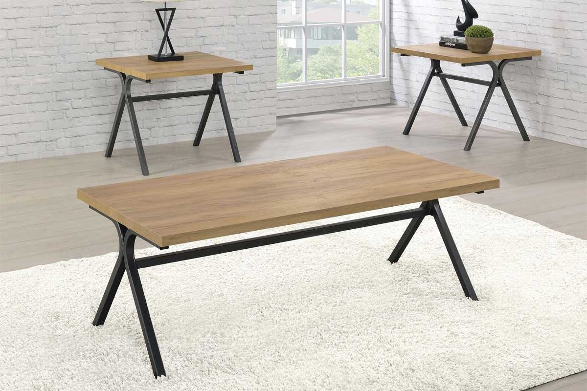 3 Pcs Colmar Trestle Occasional Coffee Table Set Golden Oak And Gunmetal