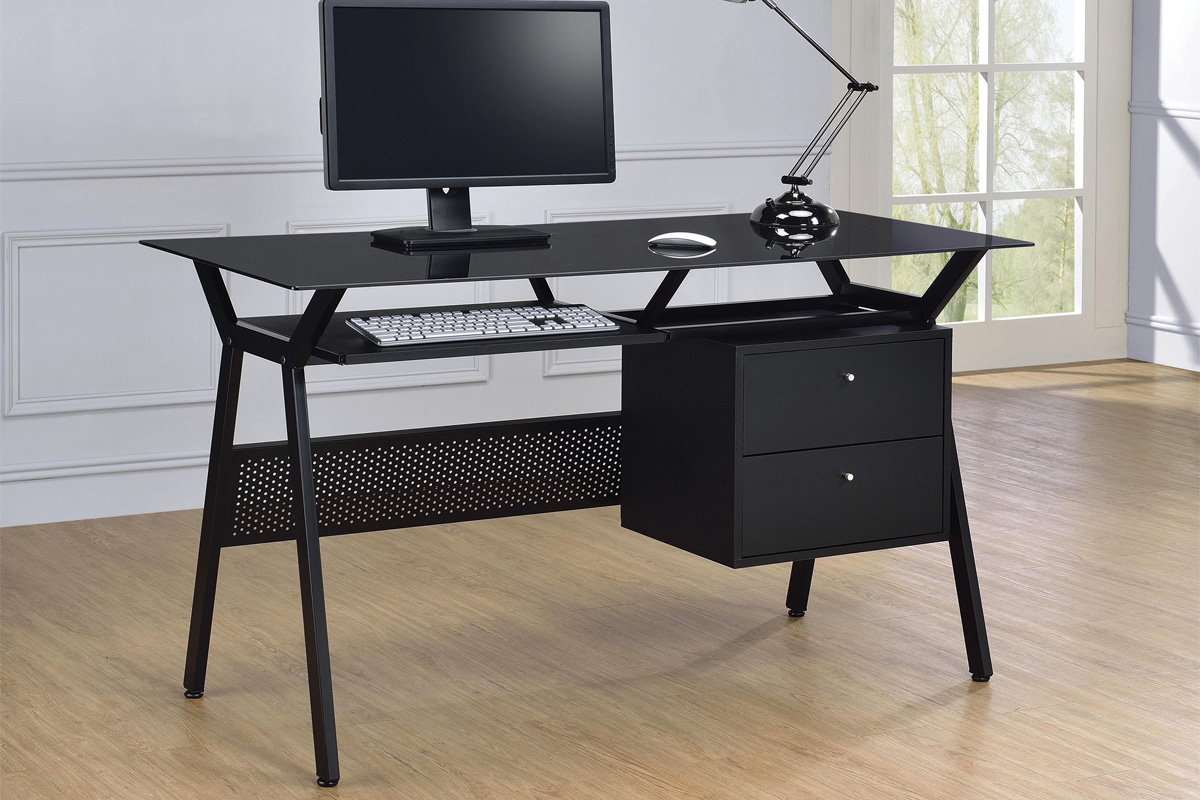 Weaving 2-Drawer Modern Black Metal & Tempered Glass Computer Desk