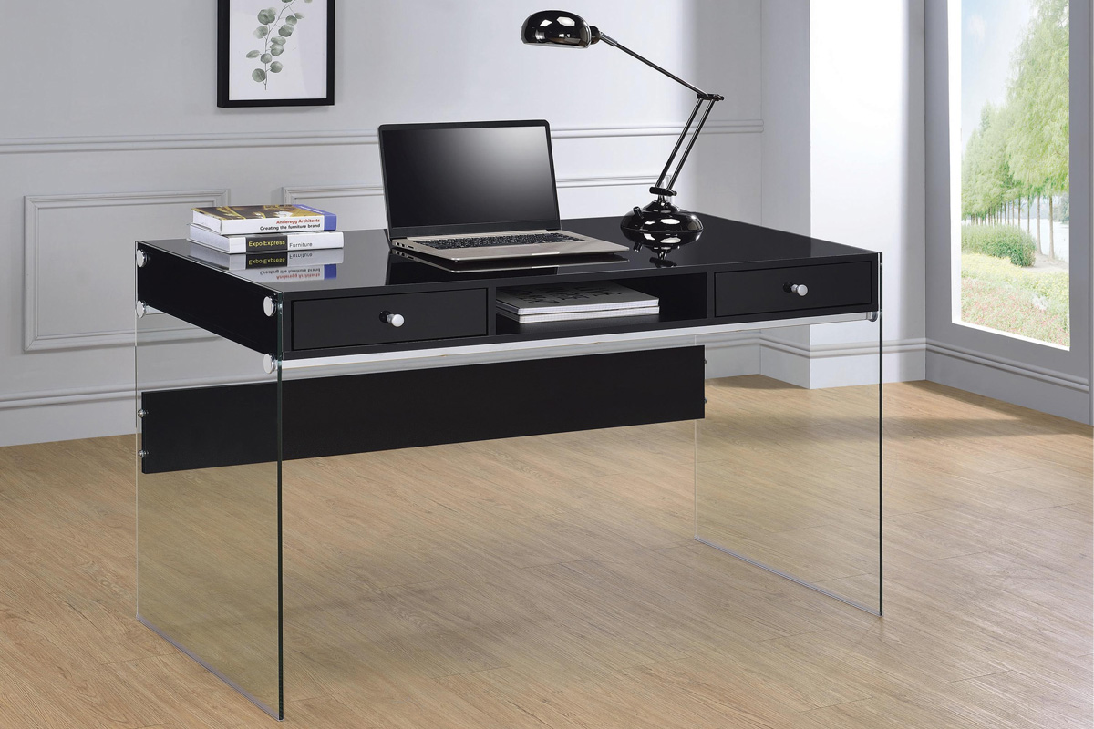 Dobrev 2-Drawer Writing Desk Glossy Black And Clear