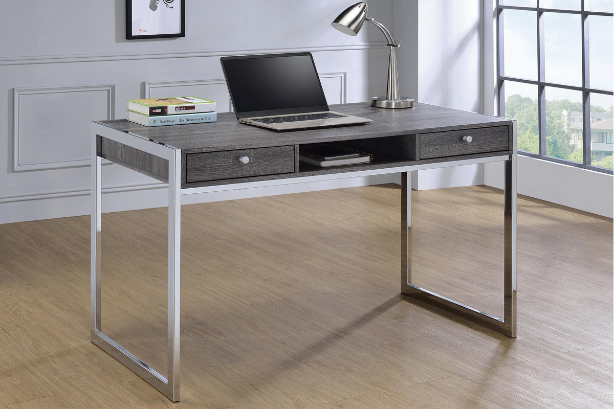 Wallice 2-Drawer Writing Desk Weathered Grey And Chrome