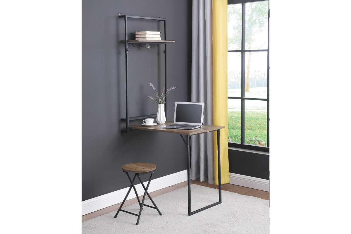 Riley Foldable Wall Desk With Stool Rustic Oak And Sandy Black