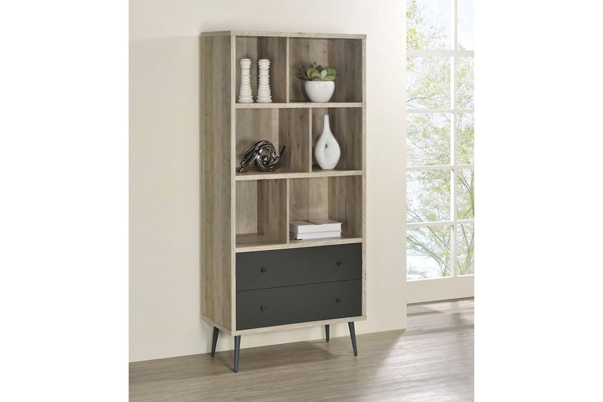 Maeve 3-Shelf Engineered Wood Bookcase With Drawers Antique Pine And Grey