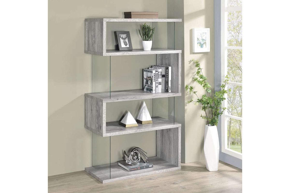 Emelle 4-Shelf Bookcase With Glass Panels Grey Driftwood