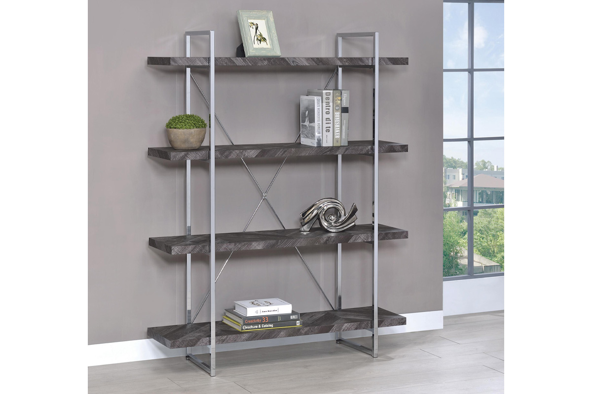 Grimma 4-Shelf Bookcase Rustic Grey Herringbone