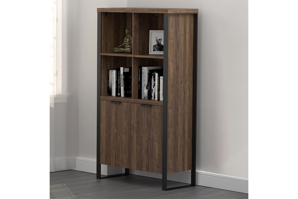 Pattinson 2-Door Rectangular Bookcase Aged Walnut And Gunmetal