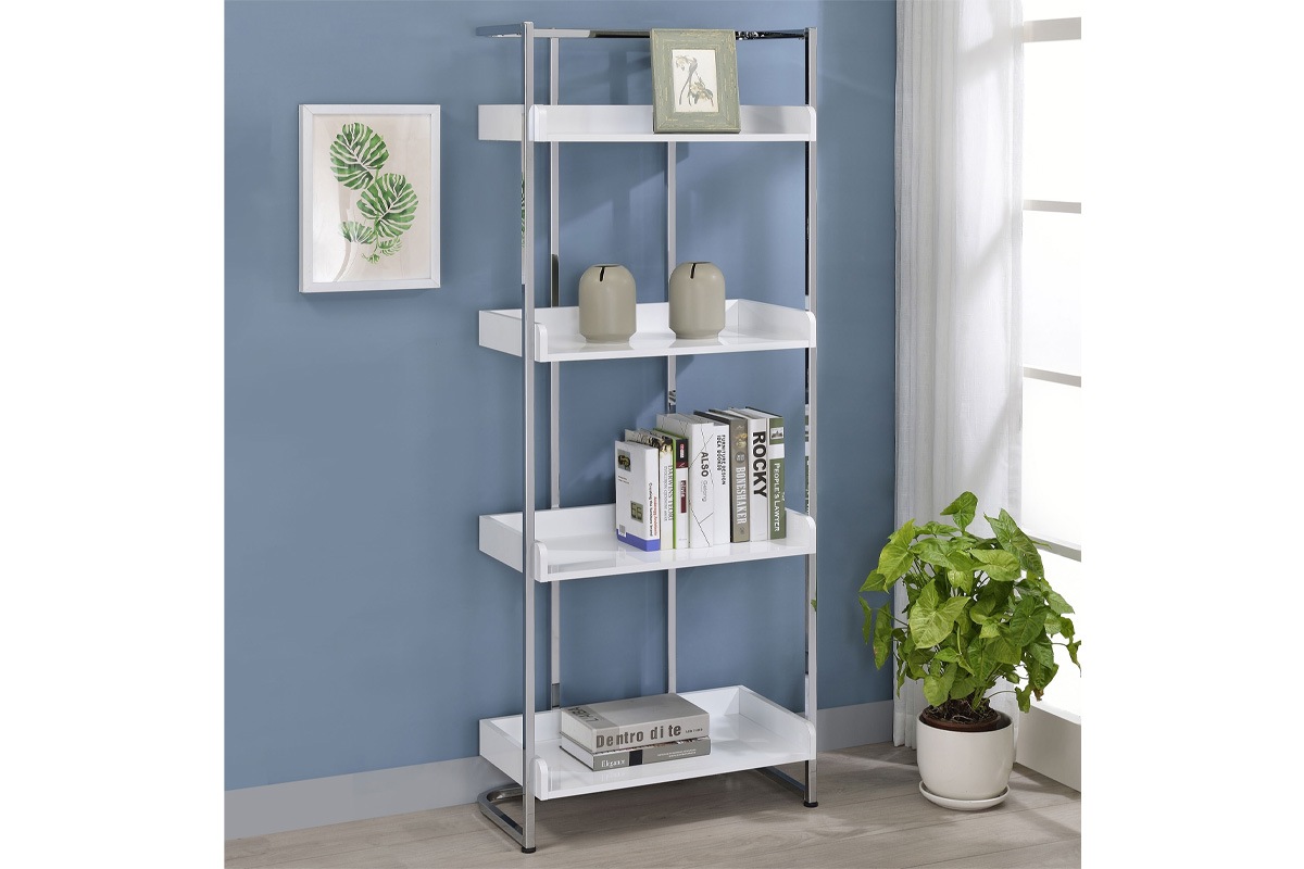 Ember 4-Shelf Bookcase White High Gloss And Chrome