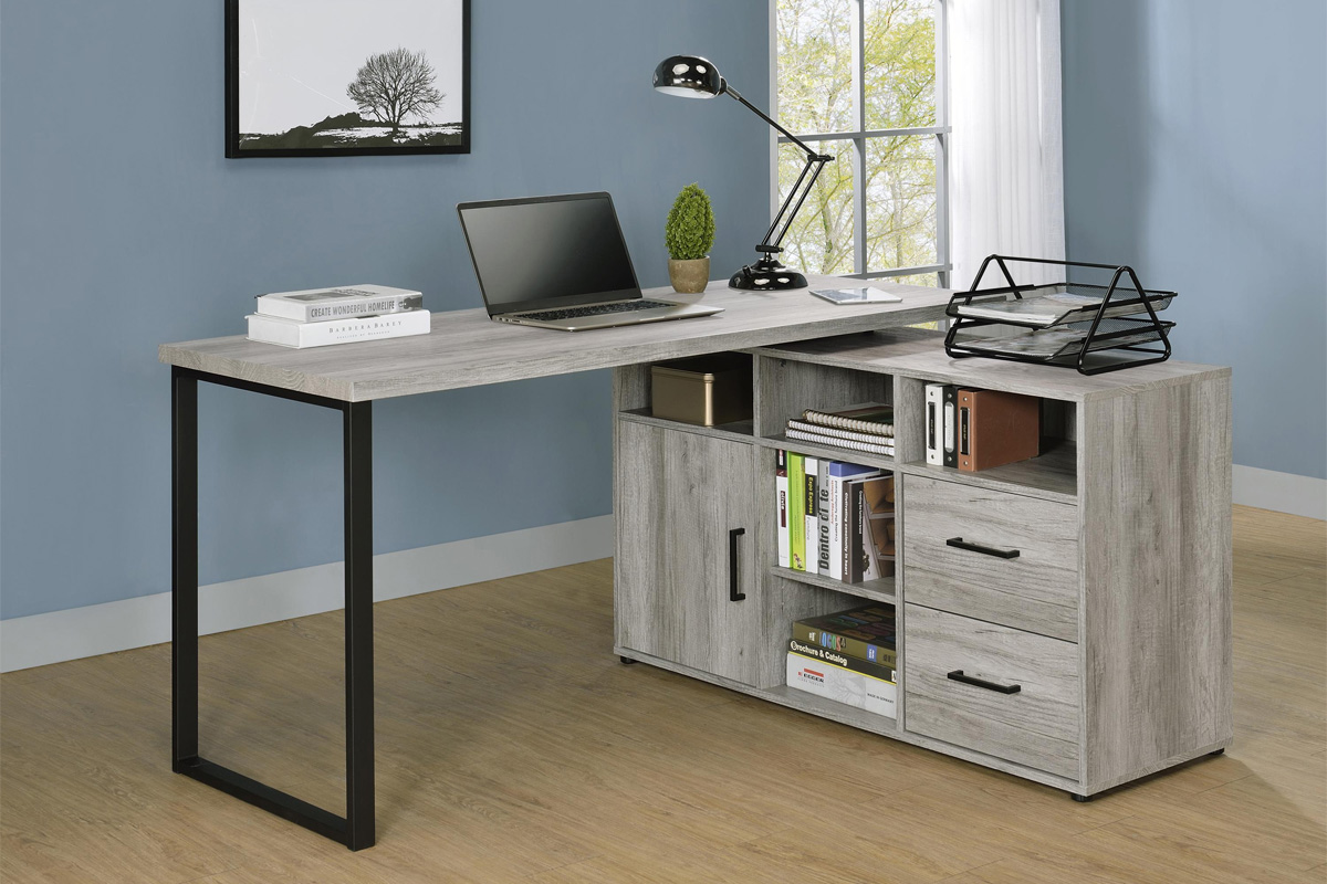 Hertford L-Shape Office Desk With Storage Grey Driftwood