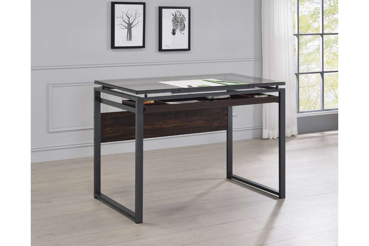 Pantano Glass Top Drafting Desk Dark Gunmetal And Chestnut