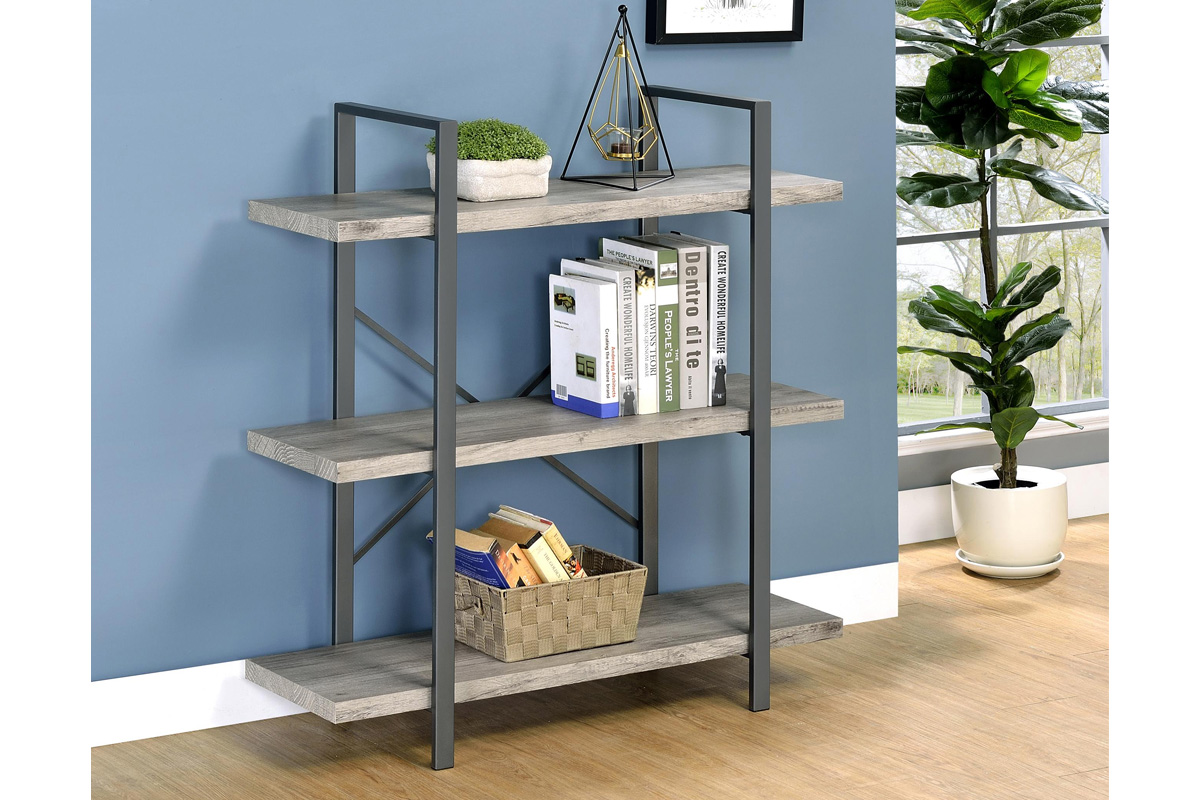 Cole 3-Shelf Bookcase Grey Driftwood And Gunmetal