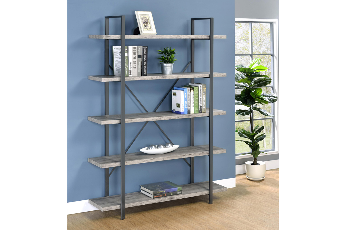 Cole 5-Shelf Bookcase Grey Driftwood And Gunmetal