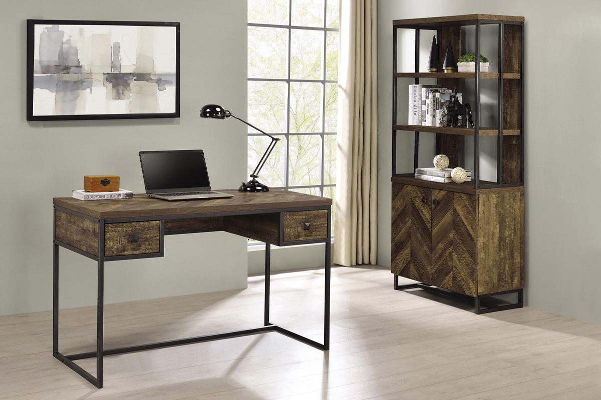 Millbrook 2-Drawer Writing Desk Rustic Oak Herringbone And Gunmetal