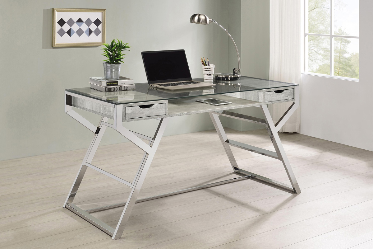 Emelle 2-Drawer Glass Top Writing Desk Grey Driftwood And Chrome