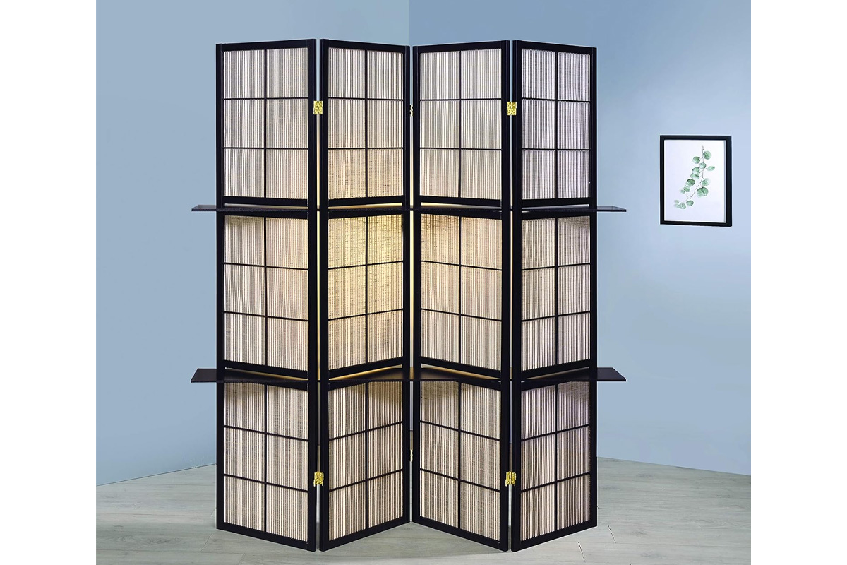 Iggy 4-Panel Folding Screen With Removable Shelves Tan And Cappuccino