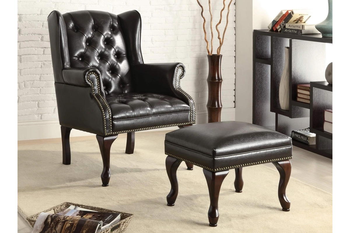 Roberts Button Tufted Back Accent Chair With Ottoman Black And Espresso