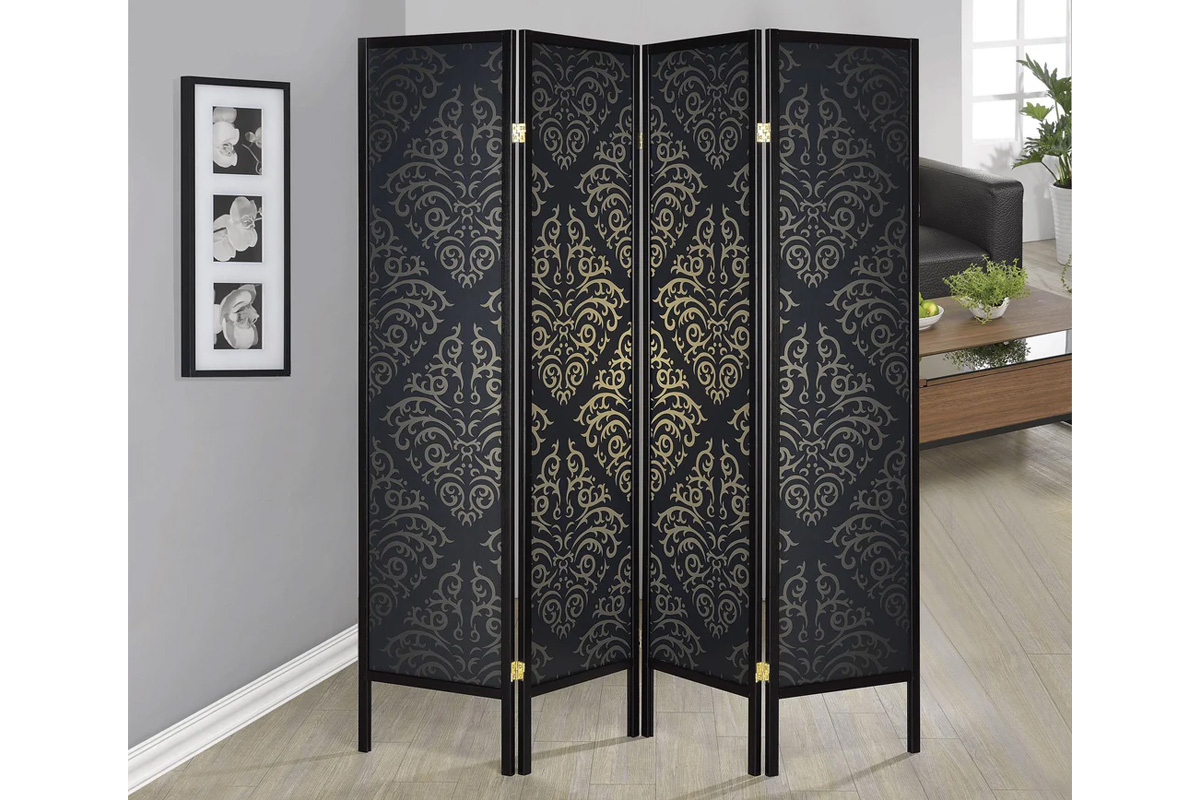 Haidera 4-Panel Damask Pattern Folding Screen Black