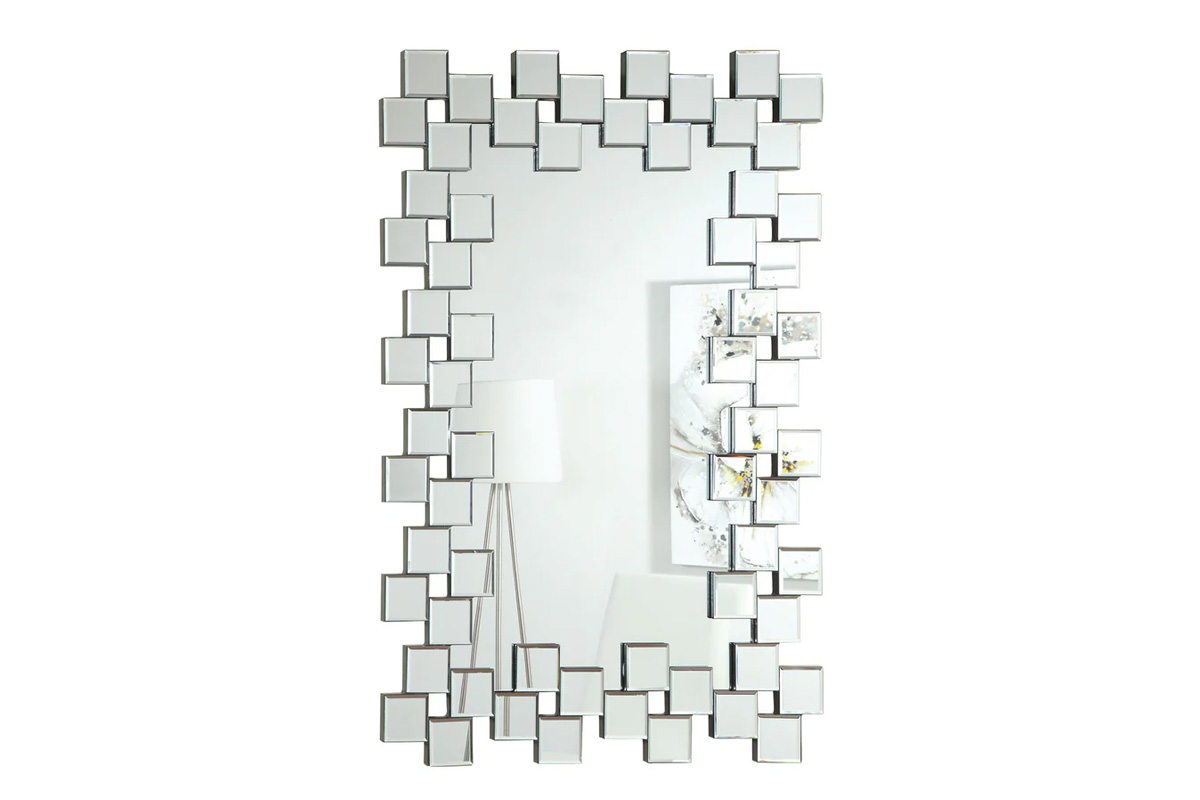 Pamela Contemporary Frameless Wall Mirror With Staggered Tiles Silver