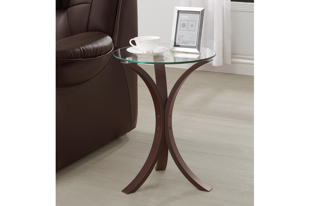 Edgar Round Accent Table Cappuccino Wood & Tempered Glass