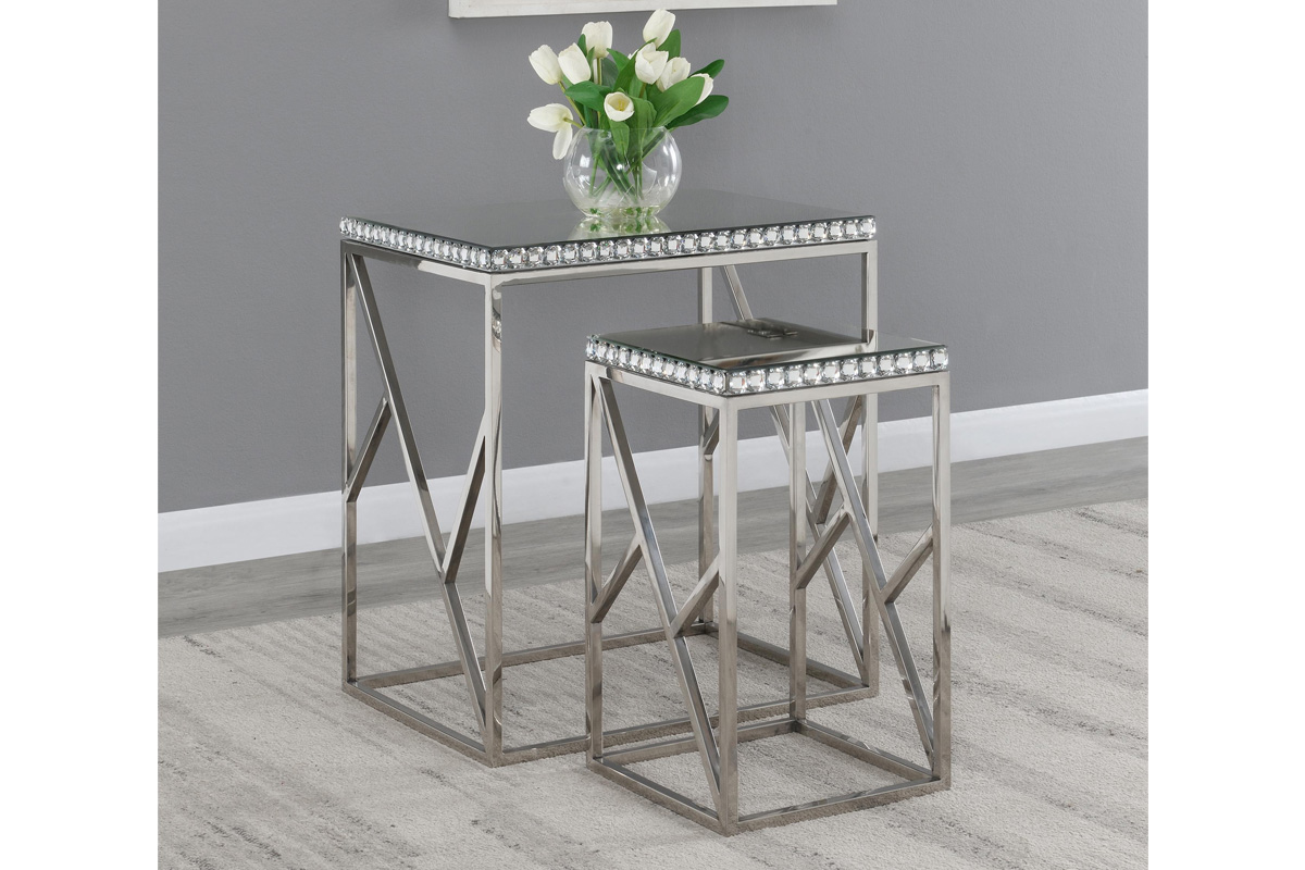 2 Pcs Set Betsy Contemporary Mirror Top Nesting Tables Silver