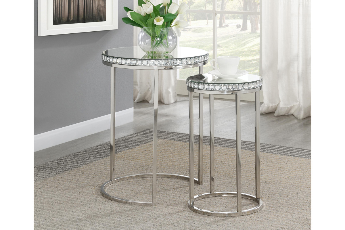 2 Pcs Set Addison Contemporary Mirror & Silver Stainless Steel Nesting Tables