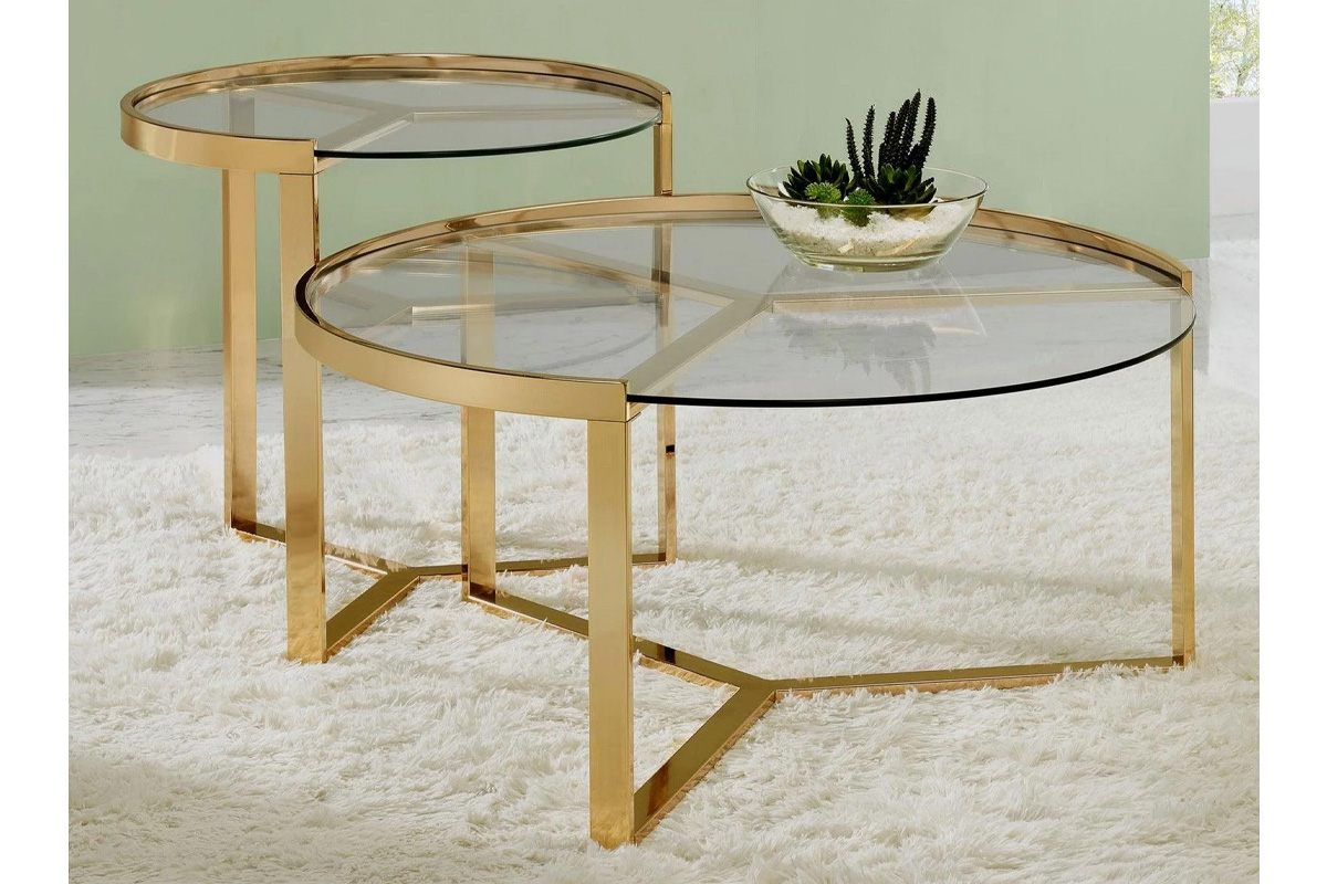 2 Pcs Delia Round Glass Top Nesting Coffee Table Clear And Gold