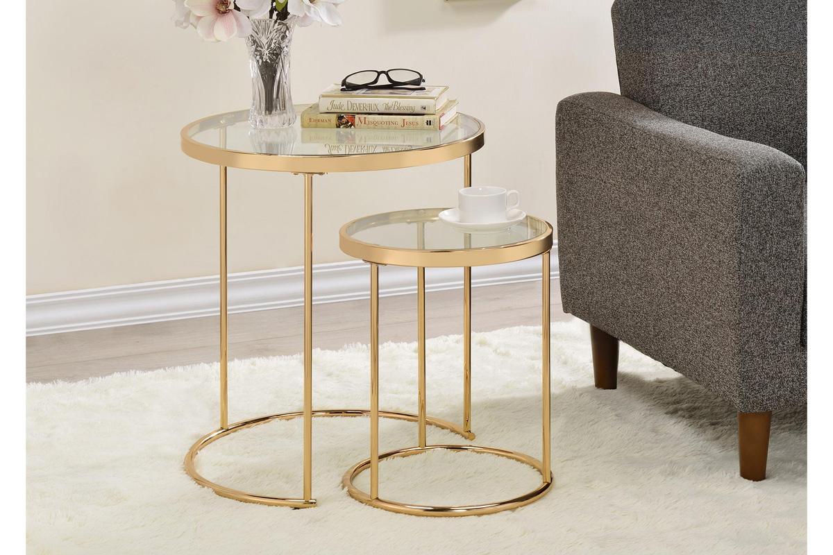 2 Pcs Set Maylin Modern Round Glass Top Nesting Tables Gold