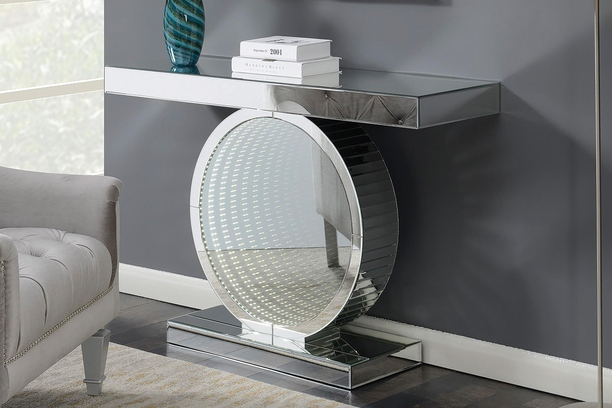 Angelonia Rectangular Console Table With Circular Base Clear Mirror