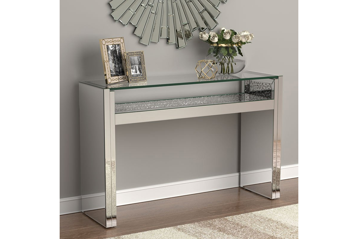 Edna 1-Shelf Console Table Silver & Mirror - Exotic & Rustic Furniture