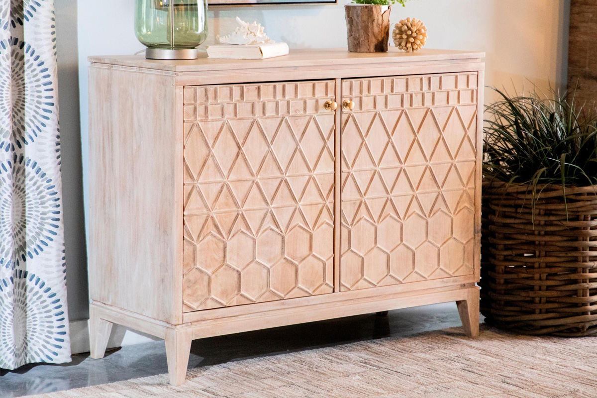 Eberto 2-Door Geometric Accent Cabinet White Distressed