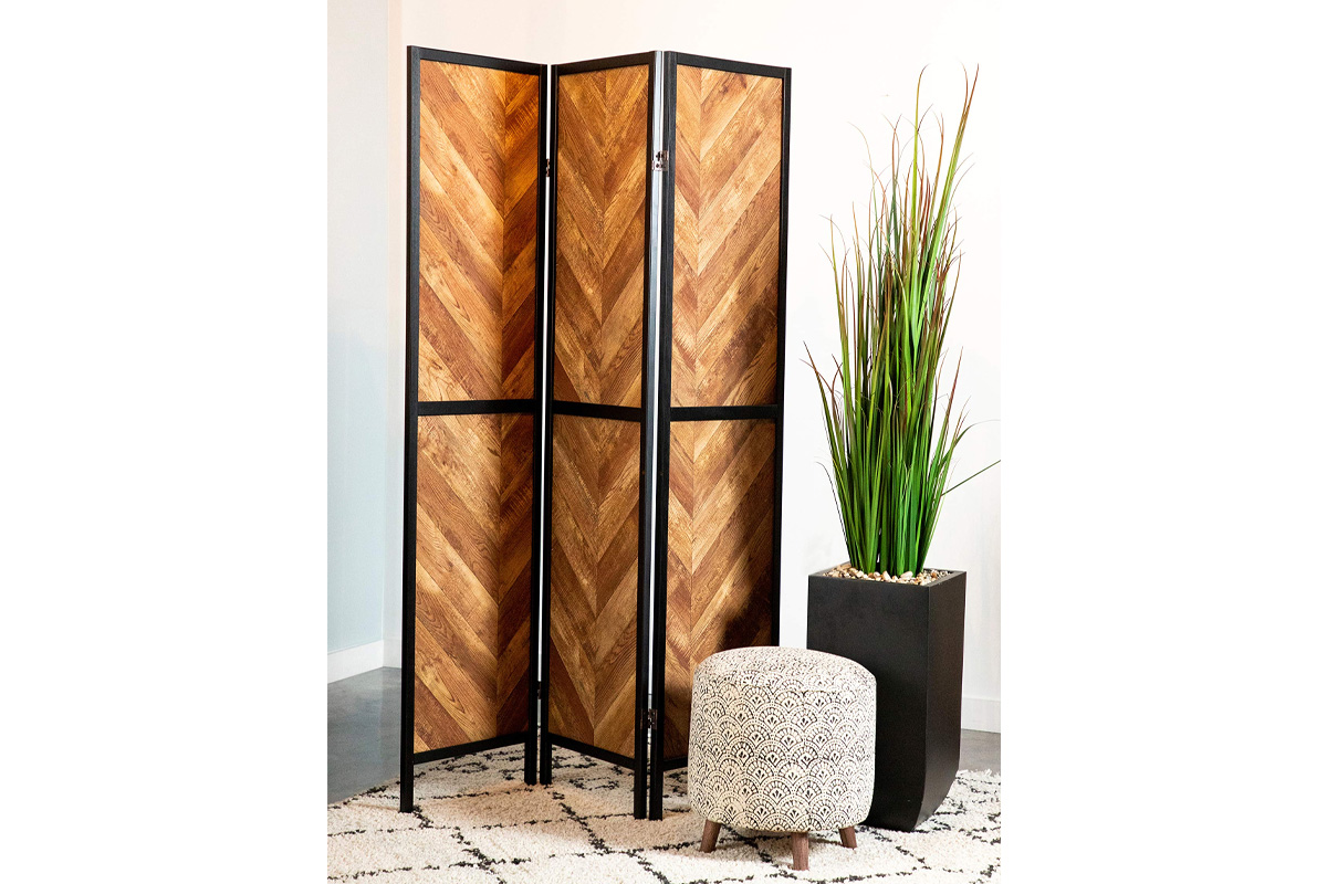 Marlene Herringbone Pattern 3-Panel Screen Rustic Tobacco And Black